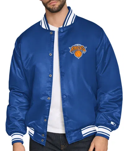 Starter Men's Blue New York Knicks Printed Team Logo Satin Varsity Full-snap Jacket In Multi