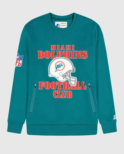 Starter Men's Miami Dolphins Crew Neck Sweatshirt With Zip Pockets In Aqua In Blue
