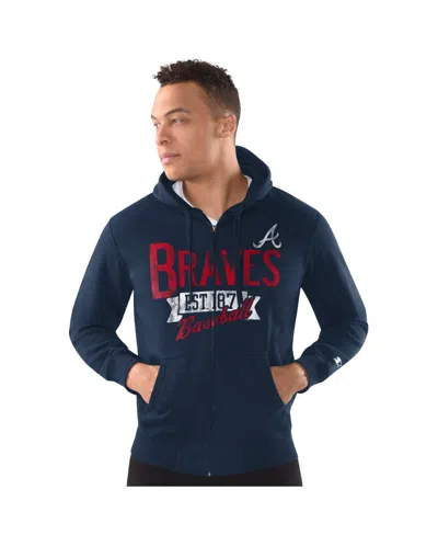 Starter Men's Navy Atlanta Braves Distressed Full-zip Hooded Jacket In Blue