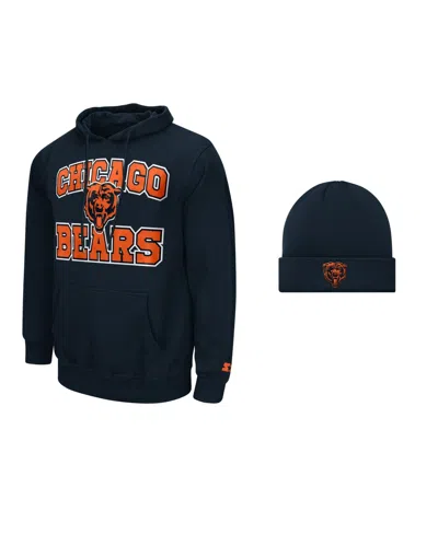 Starter Men's Navy Chicago Bears Hoodie And Cuffed Knit Hat Combo Pack In Blue