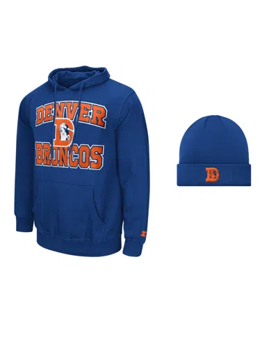 Starter Men's Navy Denver Broncos Hoodie And Cuffed Knit Hat Combo Pack In Blue