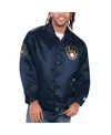 Starter Men's Navy Milwaukee Brewers Option Route Satin Full-snap Jacket In Navy