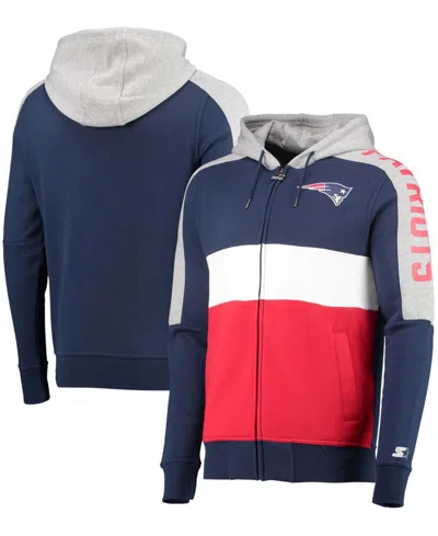 Starter Men's Navy, Red New England Patriots Playoffs Color Block Full-zip Hoodie In Navy,red