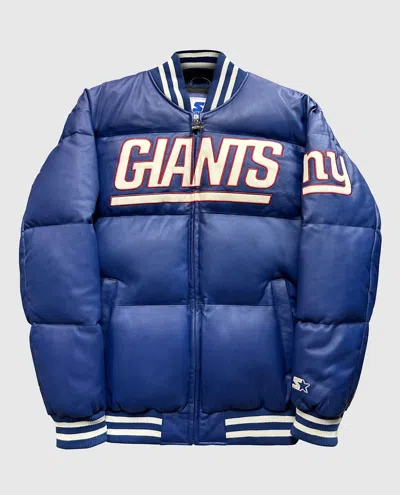 Starter Men's New York Giants Bronx Bubble Leather Puffer Jacket In Blue