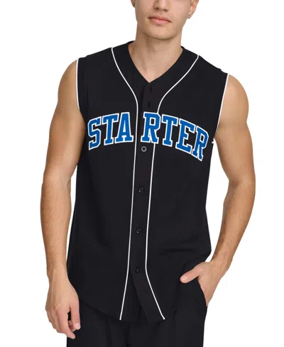 Starter Men's Regular-fit Logo Embroidered Sleeveless Button-down Baseball Jersey In Black