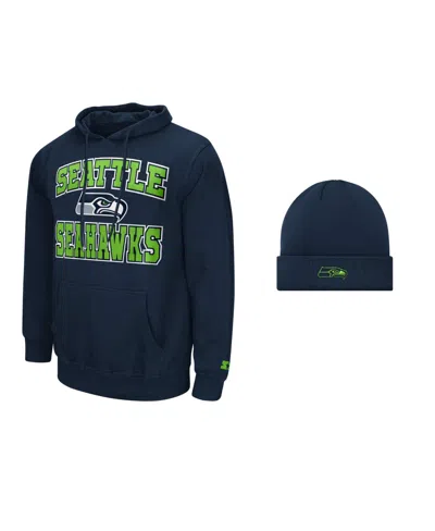 Starter Men's Seattle Seahawks Fleece-lined Classic-fit Hoodie And Cuffed Knit Hat, 2-piece Set In Black