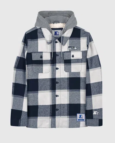 Starter Men's Seattle Seahawks The Big Joe Sherpa Lined Plaid Jacket In Navy In Blue