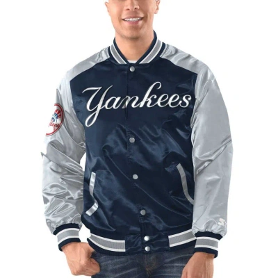 Starter Men's  Navy, Gray New York Yankees Varsity Satin Full-snap Jacket In Navy,gray