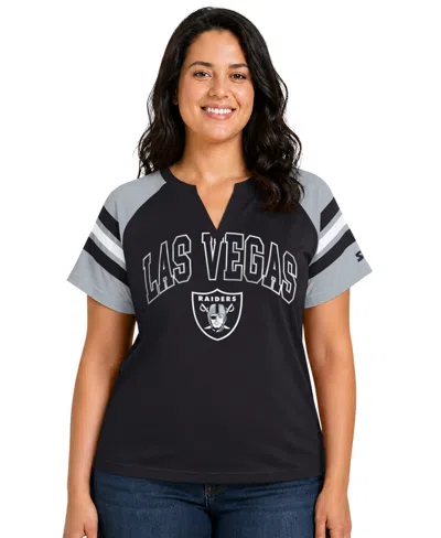 Starter Plus Size Las Vegas Raiders Game On Notch Neck Raglan T-shirt In Black