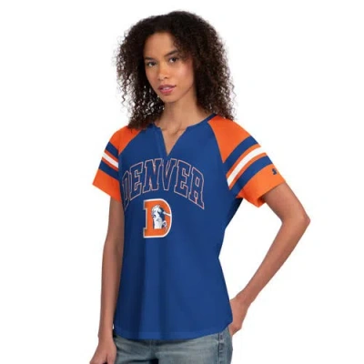 Starter Royal Denver Broncos Game On Notch Neck Raglan T-shirt In Blue
