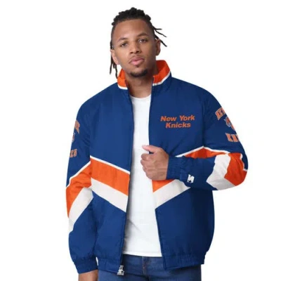 Starter Royal New York Knicks Captain Oxford Full-zip Jacket In Royal,orange