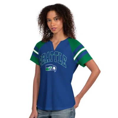 Starter Royal Seattle Seahawks Game On Notch Neck Raglan T-shirt In Blue