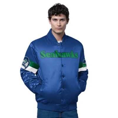 Starter Royal Seattle Seahawks Triple Option Satin Varsity Vintage Logo Full-snap Jacket In Blue
