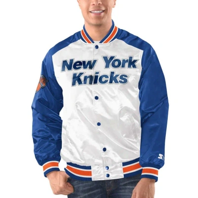 Starter Men's  White, Blue New York Knicks Renegade Satin Full-snap Varsity Jacket In White,blue