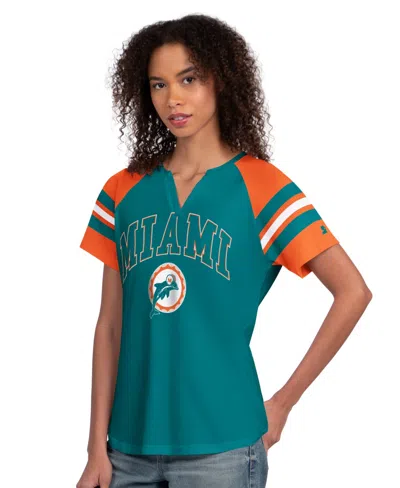 Starter Women's Aqua Miami Dolphins Game On Notch Neck Raglan T-shirt In Multi