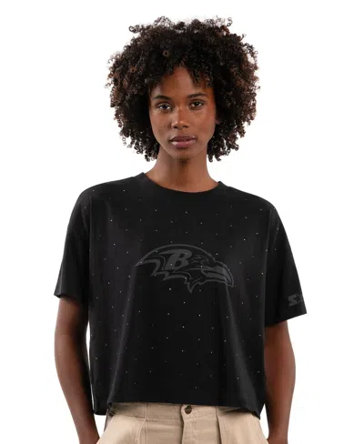 Starter Women's Black Baltimore Ravens Rhinestone Sprinkle Boxy Cropped T-shirt