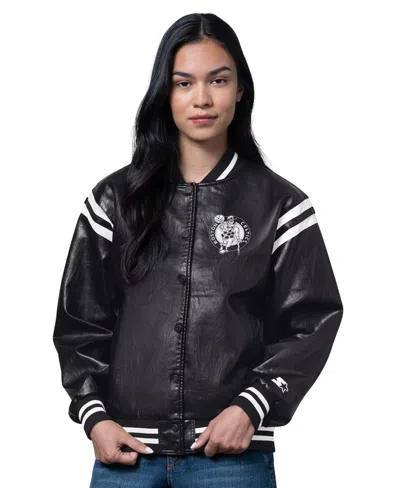 Starter Women's Black Boston Celtics High Heat Leather Varsity Full-snap Jacket