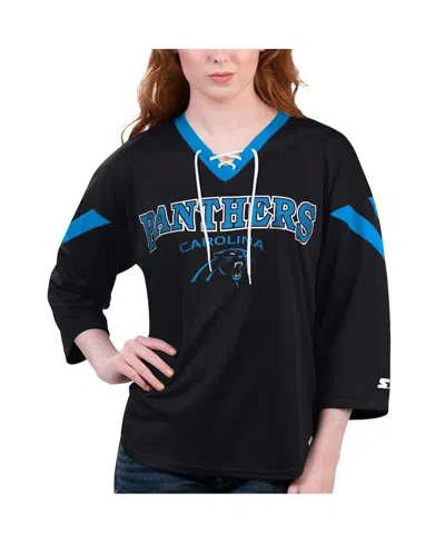 Starter Women's Black Carolina Panthers Rally Lace-up 3/4 Sleeve T-shirt