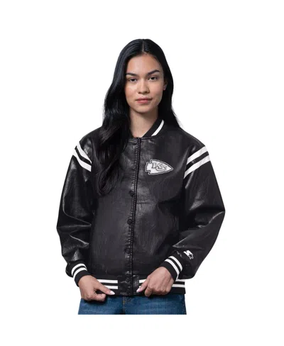 Starter Women's Black Kansas City Chiefs High Heat Faux Leather Full-snap Varsity Jacket In Blue