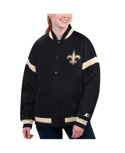 Starter Women's Black New Orleans Saints Tournament Full-snap Varsity Jacket In Black,vegas Gold
