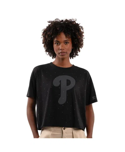 Starter Women's Black Philadelphia Phillies Rhinestone Sprinkle Boxy Cropped T-shirt