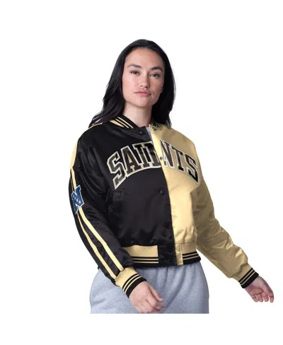 Starter Women's Black/gold New Orleans Saints Zone Blitz Cropped Full-snap Satin Jacket In Black,gold