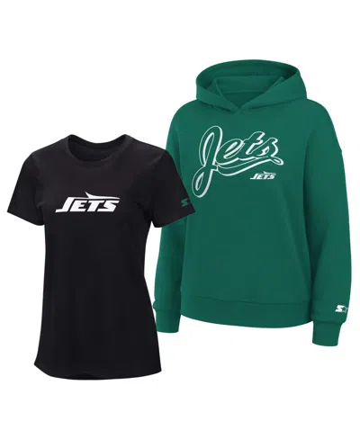 Starter Women's Black/green New York Jets Hoodie And T-shirt Combo Pack In Black,green