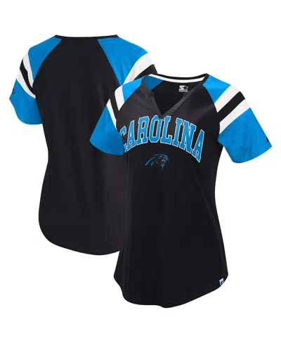 Starter Women's Black/light Blue Carolina Panthers Game On Notch Neck Raglan T-shirt