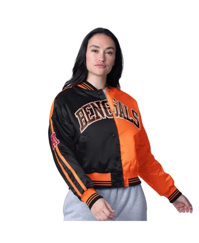 Starter Women's Black/orange Cincinnati Bengals Zone Blitz Cropped Full-snap Satin Jacket In Navy,orange