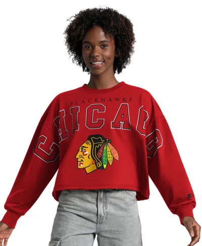 Starter Women's Bleachers Chicago Blackhawks Cropped Dropped-shoulder Sweatshirt In Red