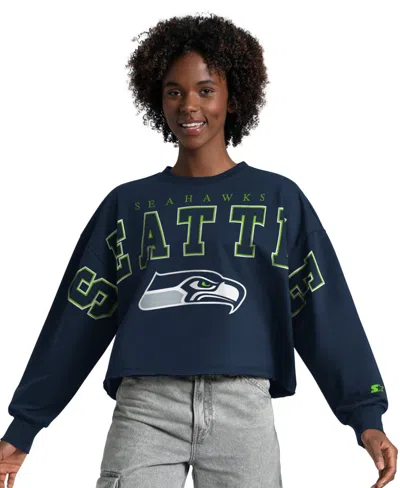 Starter Women's College Navy Seattle Seahawks Bleachers Cropped Sweatshirt In Blue