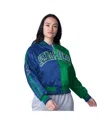 Starter Women's College Navy/neon Green Seattle Seahawks Zone Blitz Cropped Full-snap Satin Jacket In College Navy,neon Green