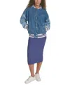 Starter Women's Colorblocked Denim Varsity Jacket In Mixed Wash