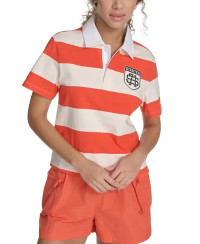 Starter Women's Cotton Rugby-stripe Logo Polo Shirt In Multi