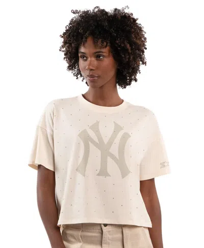 Starter Women's Cream New York Yankees Rhinestone Sprinkle Boxy Cropped T-shirt In White