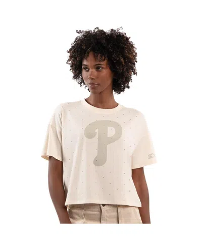Starter Women's Cream Philadelphia Phillies Rhinestone Sprinkle Boxy Cropped T-shirt In Neutral
