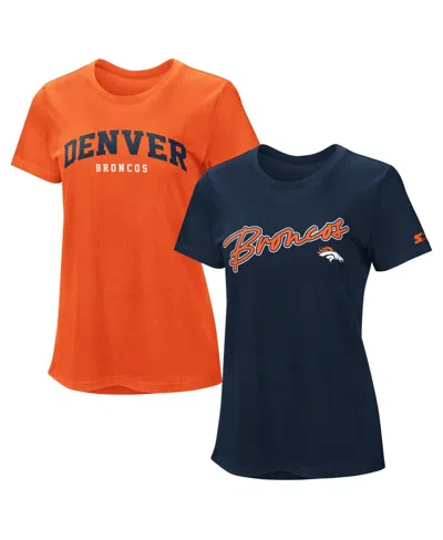 Starter Women's Denver Broncos Screen Print Graphics Crewneck, 2-pack T-shirts In Orange