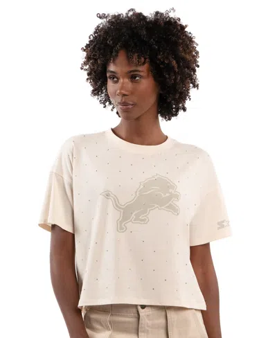 Starter Women's Detroit Lions Rhinestone Sprinkle Dropped-shoulder Cropped T-shirt In Neutral