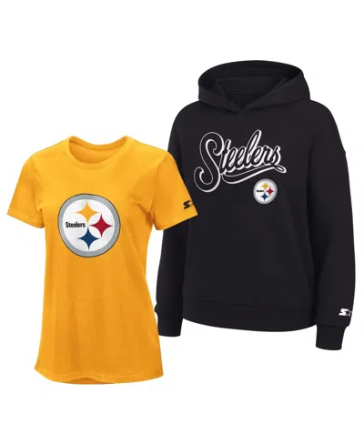 Starter Women's Gold/black Pittsburgh Steelers Hoodie T-shirt Combo Pack In Multi