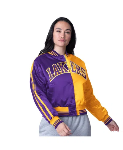 Starter Women's Gold/purple Los Angeles Lakers Zone Blitz Cropped Full-snap Satin Jacket In Gold,purple