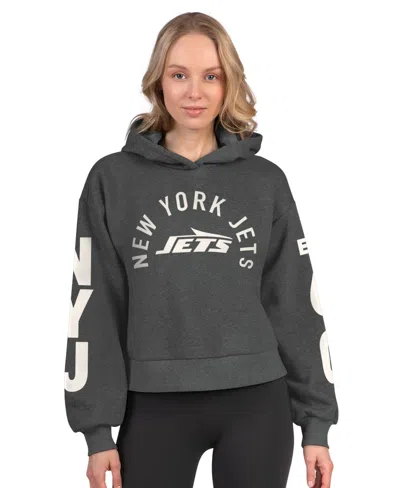 Starter Women's Heather Charcoal New York Jets Star Player Cropped Fleece Pullover Hoodie In Gray