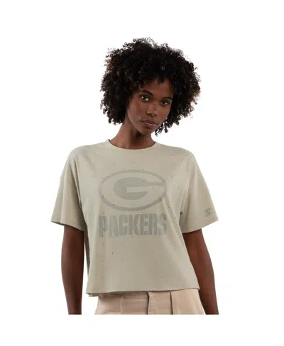 Starter Women's Khaki Green Bay Packers Rhinestone Sprinkle Boxy Cropped T-shirt In Brown