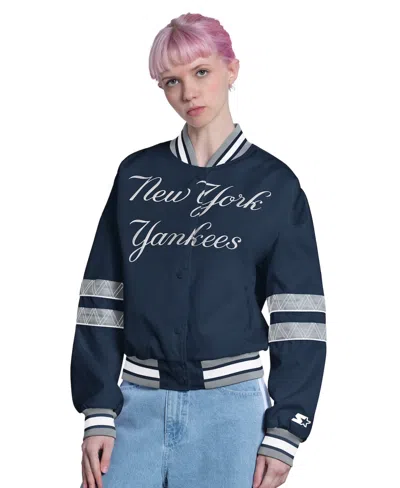 Starter Women's Navy New York Yankees Interception Full-snap Varsity Jacket In Blue