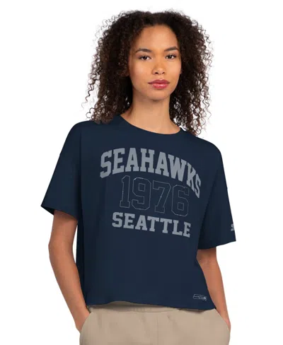 Starter Women's Navy Seattle Seahawks Rhinestone Boxy Cropped T-shirt In Blue