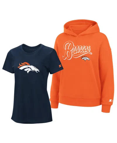 Starter Women's Navy/orange Denver Broncos Hoodie T-shirt Combo Pack In Multi