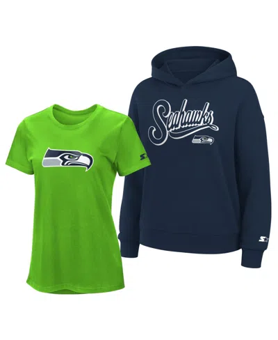 Starter Women's Neon Green/college Navy Seattle Seahawks Hoodie T-shirt Combo Pack In Blue