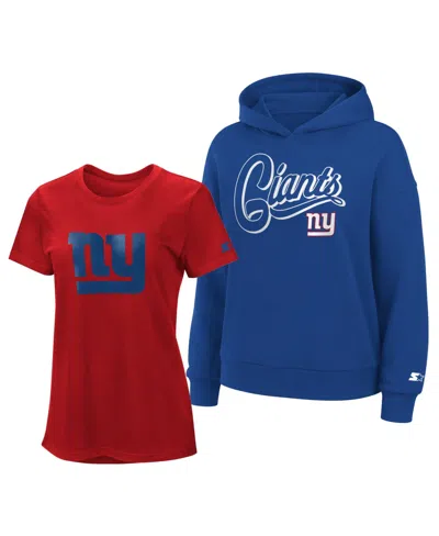 Starter Women's New York Giants Rib-knit Hoodie And Short-sleeve T-shirt, 2-piece Set In Blue