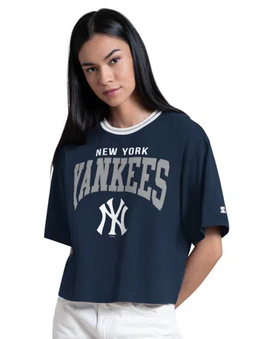 Starter Women's New York Yankees Ace Cropped Oversized T-shirt In Blue