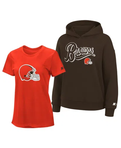 Starter Women's Orange/brown Cleveland Browns Hoodie And T-shirt Combo Pack In Orange,brown