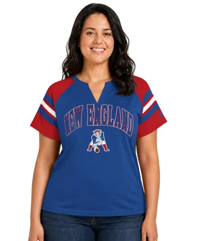 Starter Women's Royal New England Patriots Plus Size Throwback Game On Notch Neck Raglan T-shirt In Blue